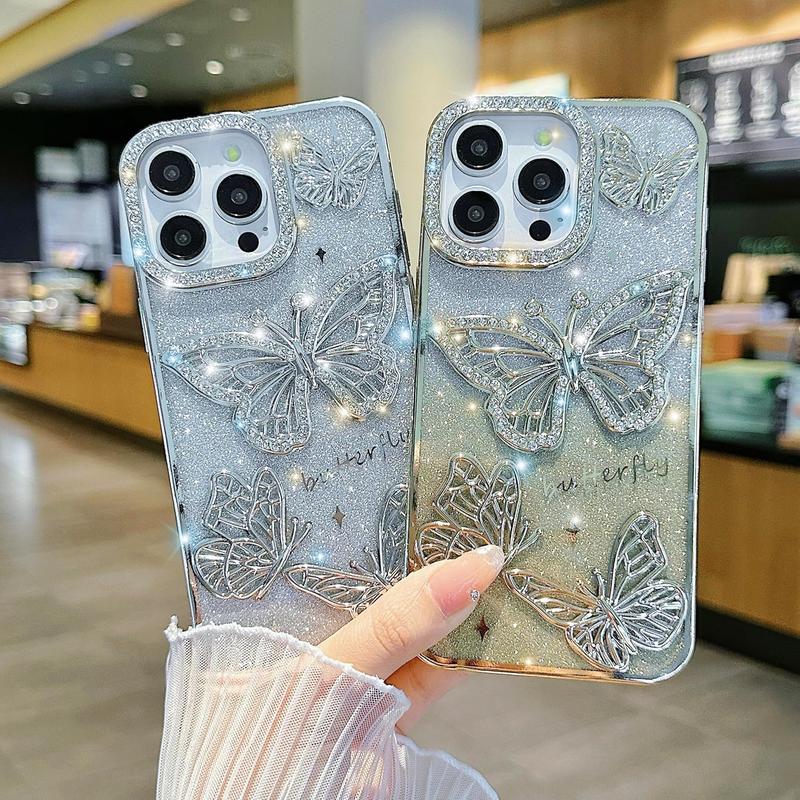 Product Introduction of Sparkling Butterfly Diamond Phone case, TPU Soft Shockprooft Case Cover for iPhone 16,15,14,13,12,11 Plus Pro Max 8