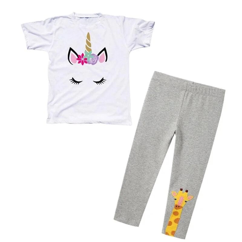 Girls Summer Clothes Set Unicorn Short Sleeve T-shirt+Pants 2PCS Outfits Kids Cartoon Print Cotton Leggings Children Clothing