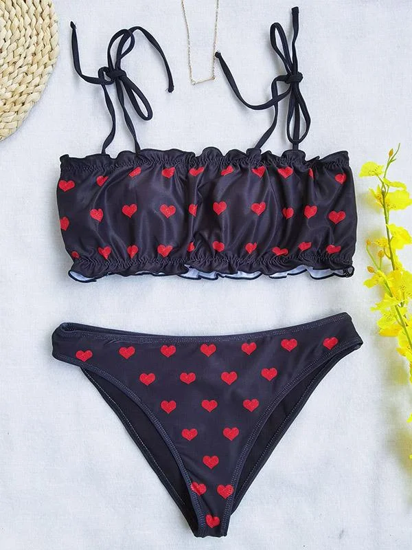 Love Polka-Dot Print Pleated Bandeau Split Bikini Swimsuit