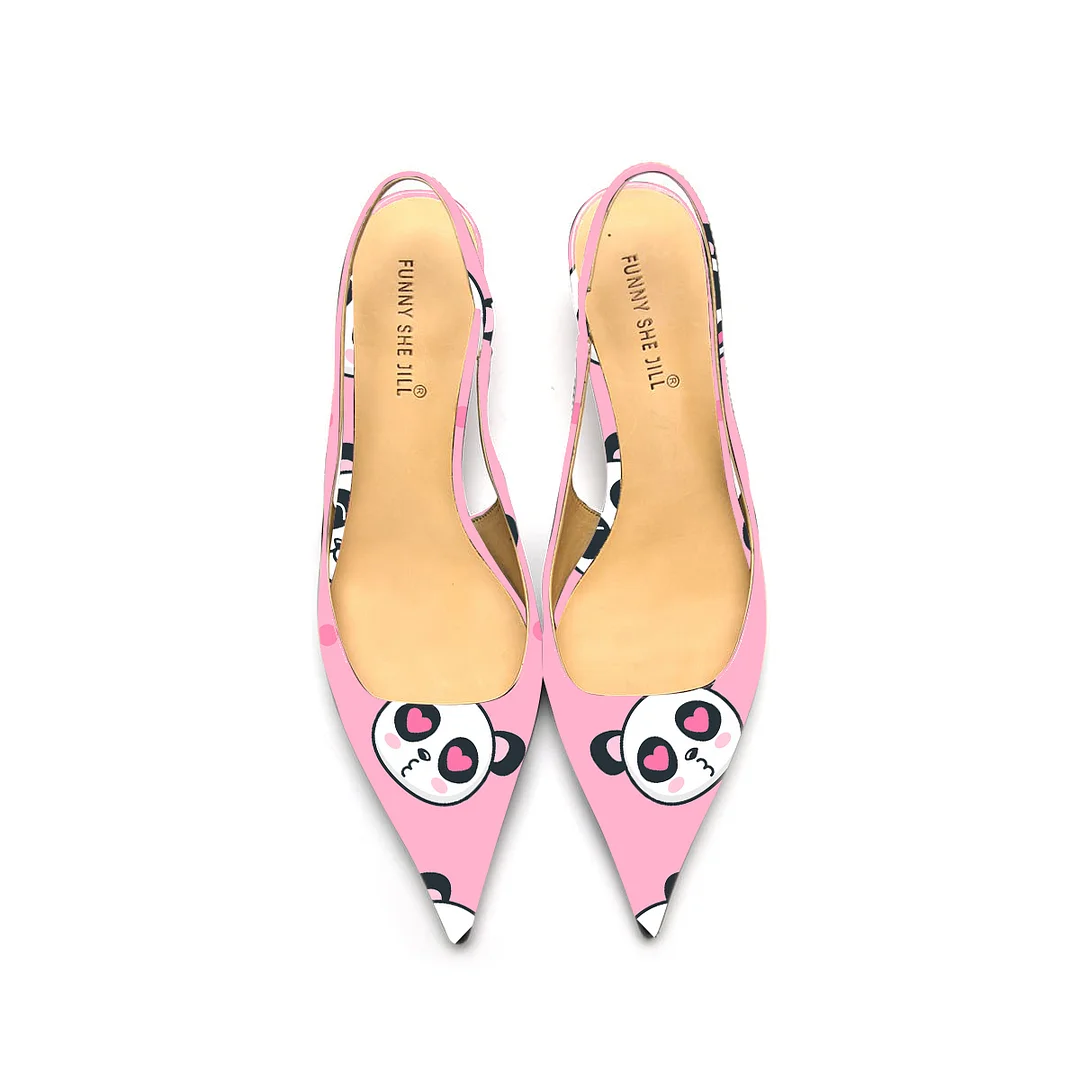 Pink Panda Pattern Patent Leather Pointed Toe Elegant Kitten Heel Slingback Dress Pump Shoes