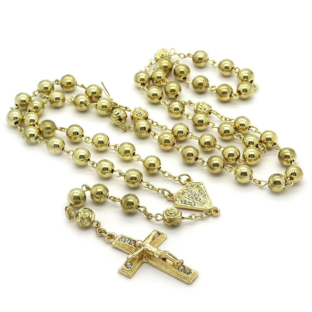 Gold Crystal Beads Rosary With D-Shape & Cross Pendants-VESSFUL