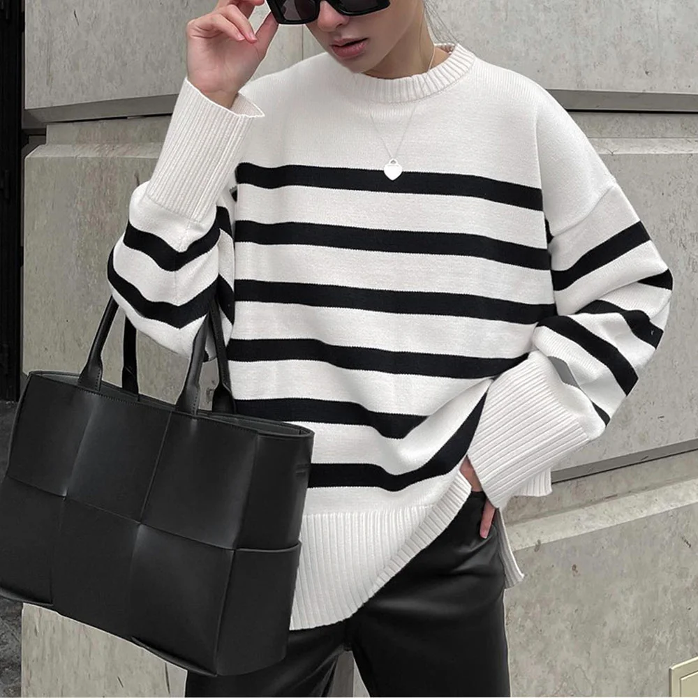 Black and White Striped Loose Sweater