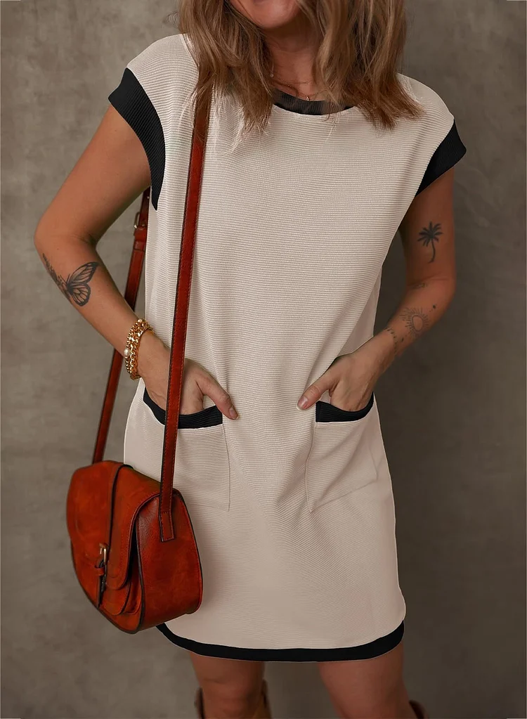 😍 Casual Cap Sleeve Color Block Shift T-shirt Dress with Pockets 💥 