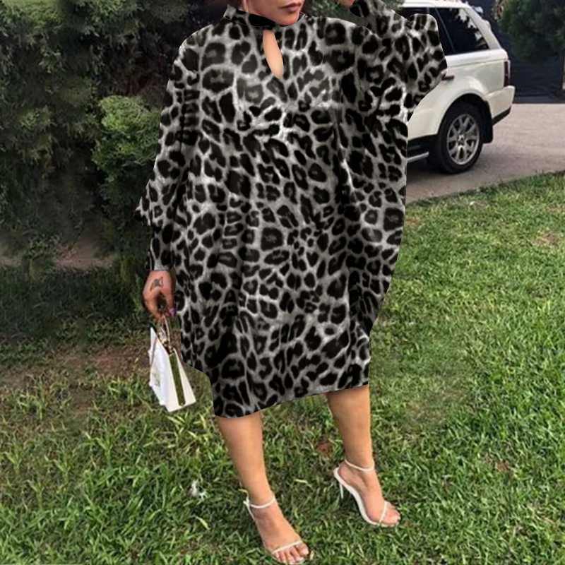 Party Dress Robe Women Long Sleeve Leopard Print Midi Dress 2022 VONDA  Autumn Casual Loose Holiday Long Shirt Vestido Oversized