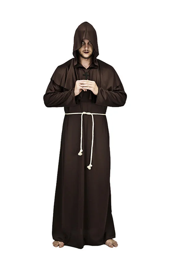 Long Hooded Robe Mens Friar Tuck Wizard Halloween Costume Coffee-elleschic