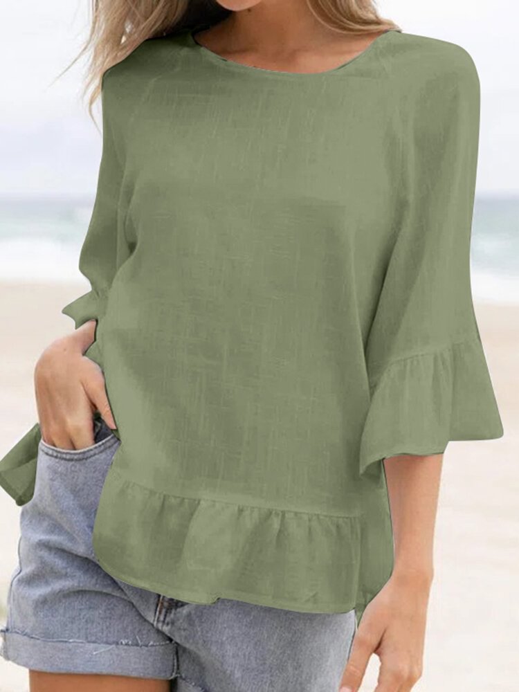 Cotton Solid Ruffle Round Neck Casual Blouse