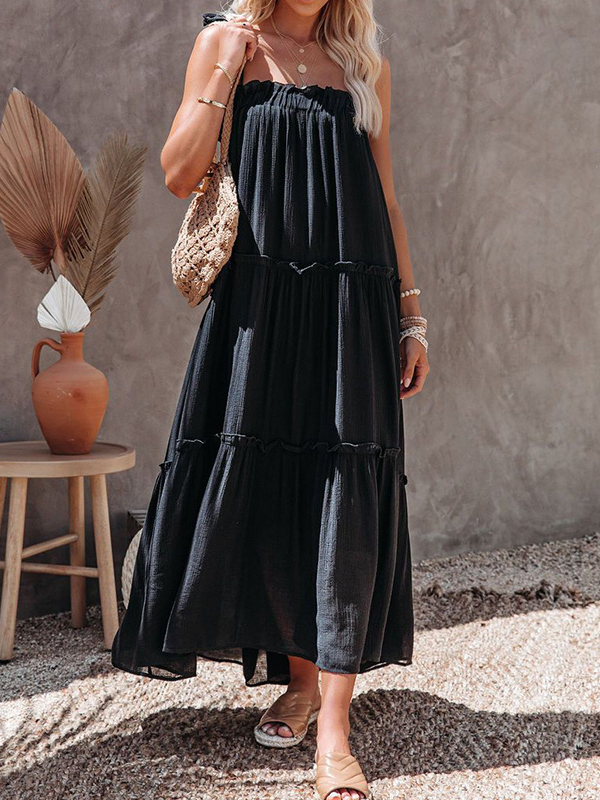 Strap Tiered Design Loose Solid Color Maxi Dress
