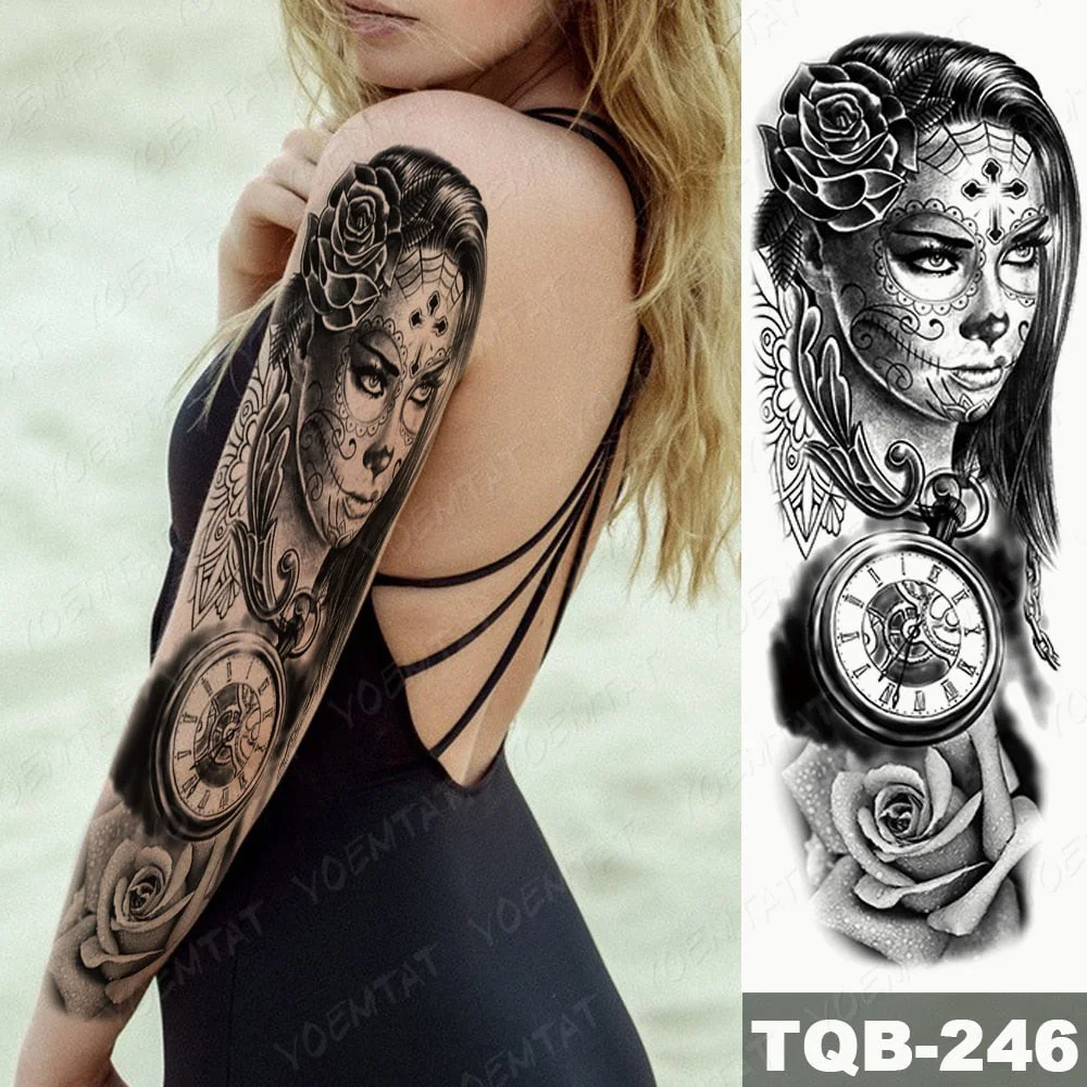 Men Full Arm Waterproof Temporary Tattoo Sticker Clock Rose Tiger Totem Transfer Body Art Fake Tatoo Cool sexy tato Woman