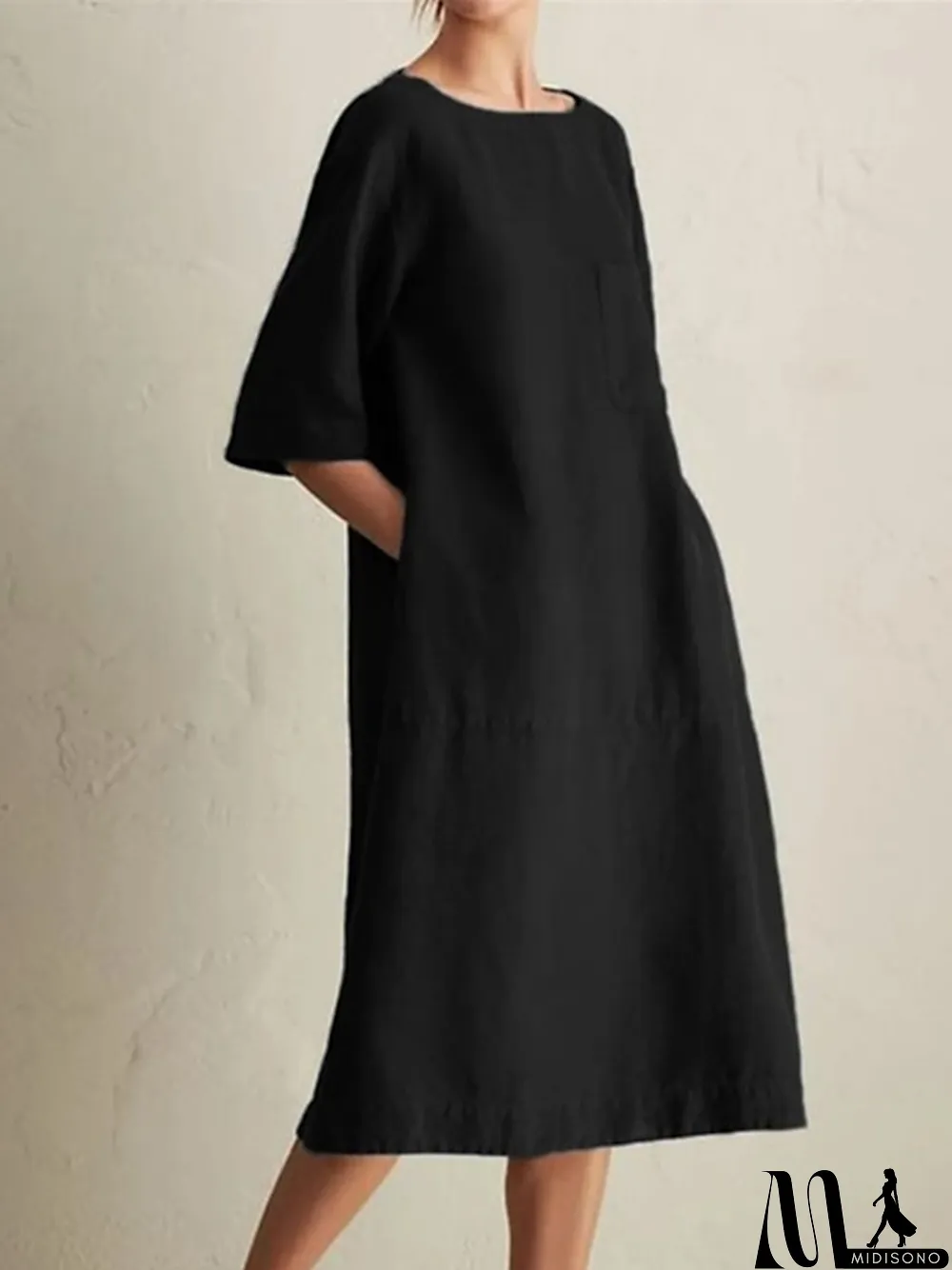 MidiSono - Women's Cotton Linen Dress Casual Dress Shift Dress Maxi long Dress Cotton Blend Casual Daily Holiday Vacation Crew Neck Pocket Contrast Stitching Half Sleeve Summer Spring Loose Fit Black Wine