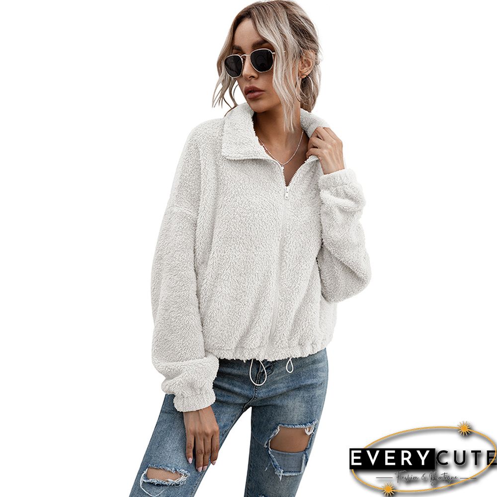 White Zipper Up Double-side Fleece Coat