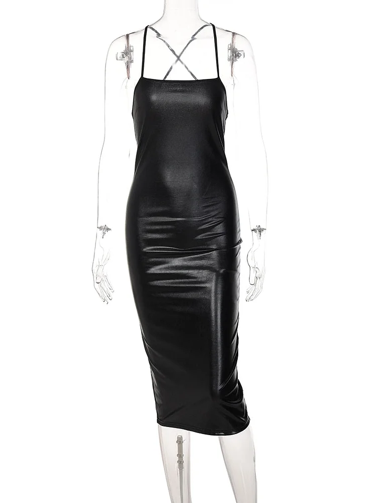 Hugcitar Leather Backless Solid Slash Neck Sleeveless Bandage Slit Midi Dress 2022 Slim Elegant Streetwear Evening Party Outfits