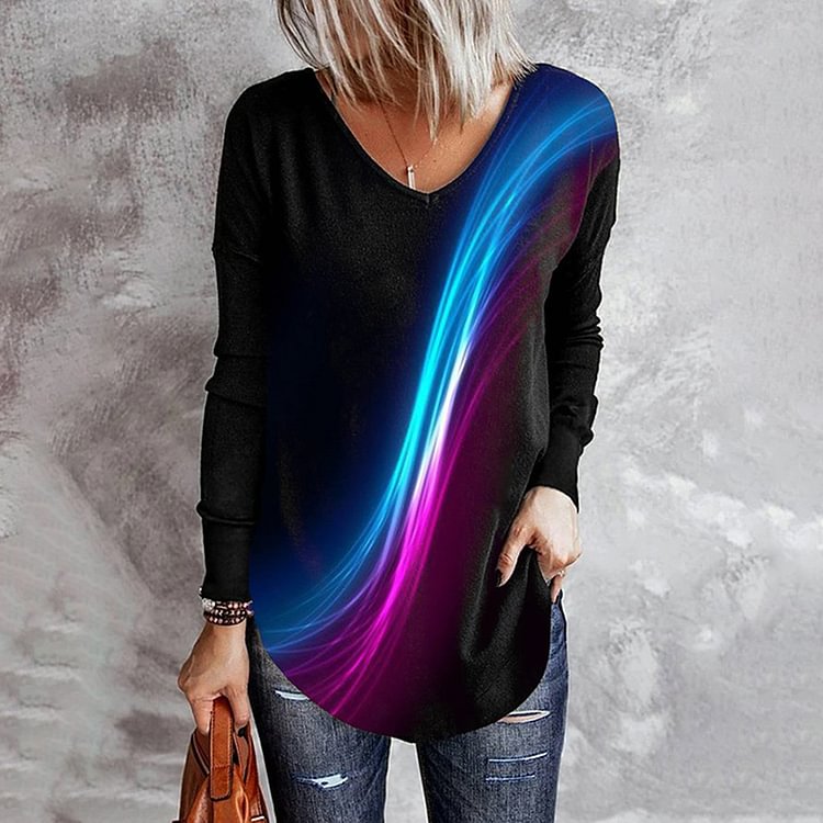 Vefave Women's Fashion Abstract V Neck Loose T-Shirt