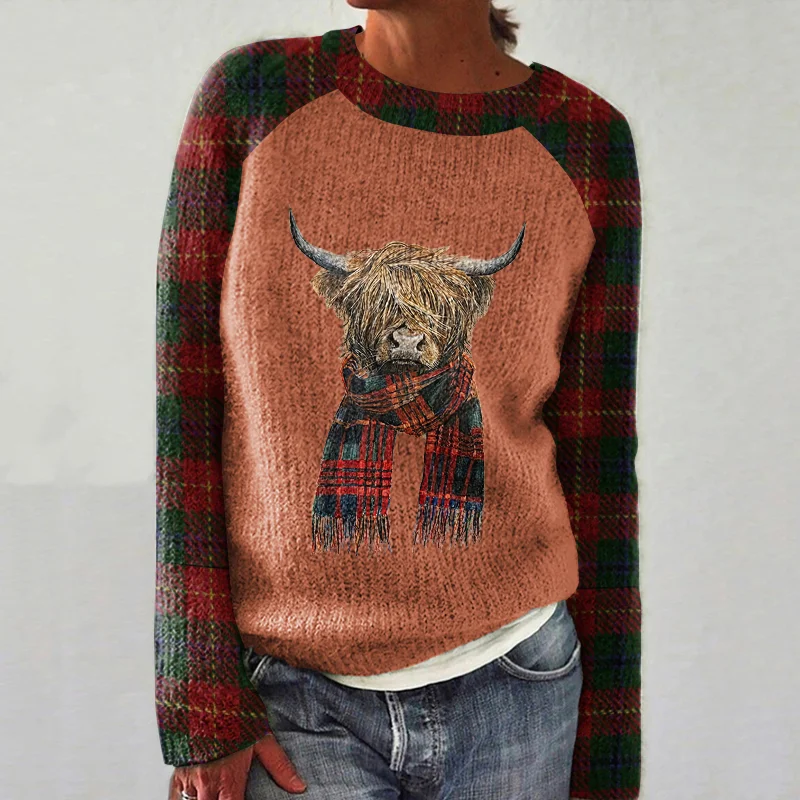 Abstract Creative Scottish Scarf Highland Cow In Plaid Art Print Knitted Pullover Sweater