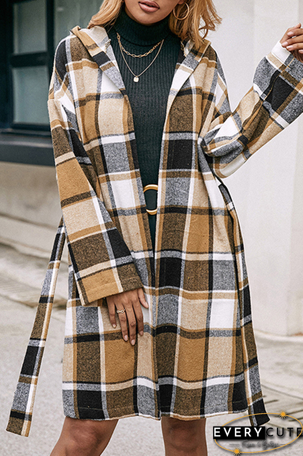 Fashion Elegant Geometric Pocket With Belt Hooded Collar Outerwear