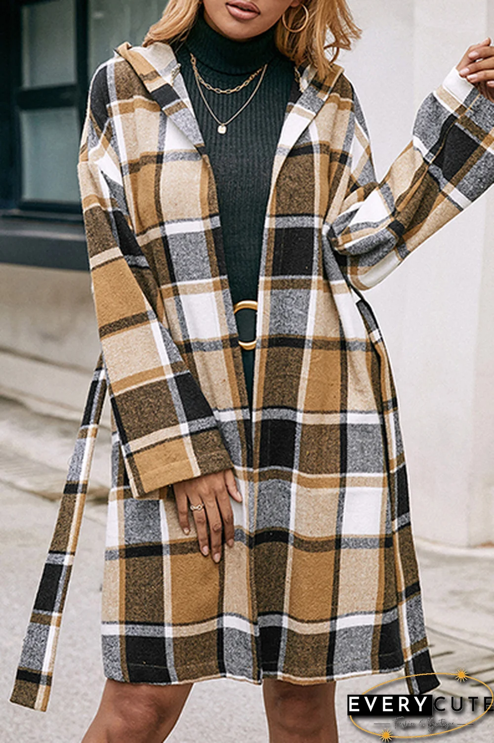 Fashion Elegant Geometric Pocket With Belt Hooded Collar Outerwear