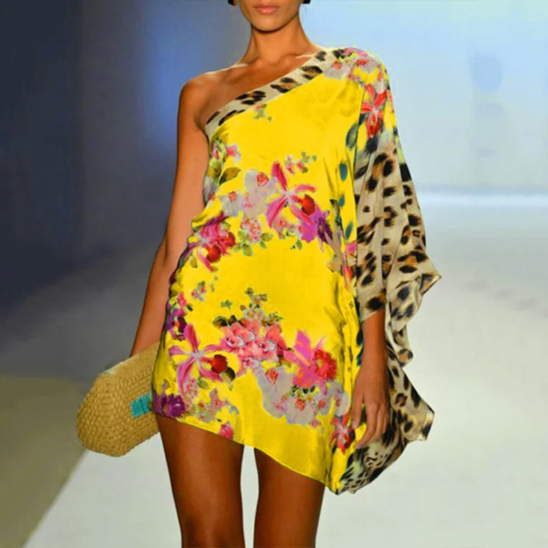 Floral-Paneled Leopard-Print Mini Dress