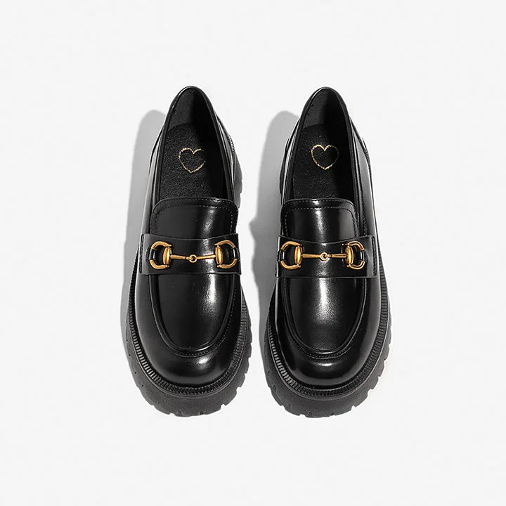 Round Toe Metal Chain Loafers Platform Shoes