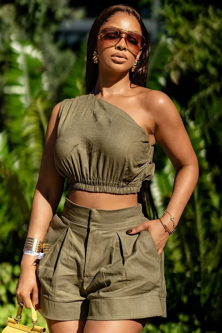 One Shoulder Ruched Crop Top Pocket Casual Shorts 2pcs Set-Green