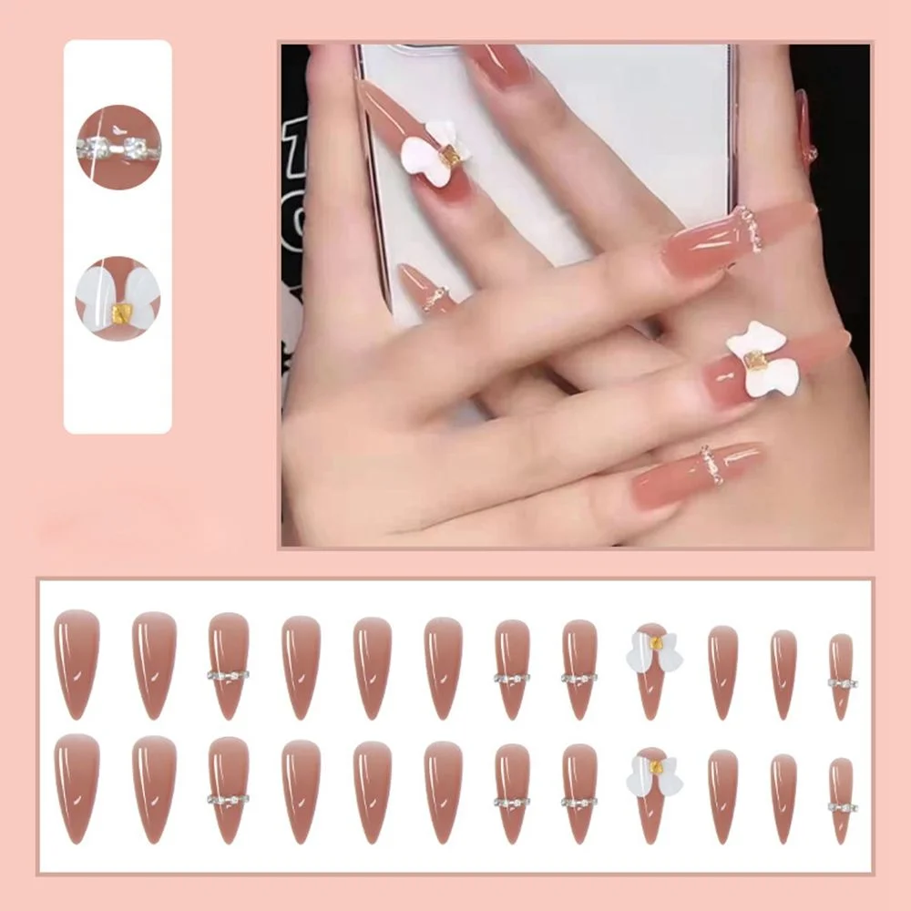 24Pcs Nude Face Flower Painting False Nails Wearable Long Coffin Ballerina False Nails Press On Nails Manicure Tool With Glue-Nail Inspo
