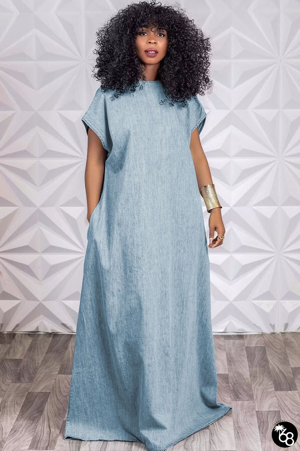 Denim Short Sleeve V-Shaped Backless Loose Fit Maxi Dress | 168DEAL