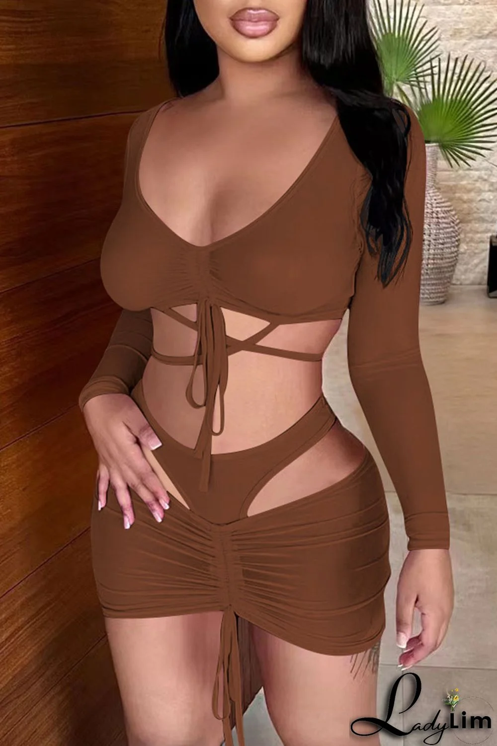 Brown Fashion Sexy Solid Bandage V Neck Long Sleeve Two Pieces