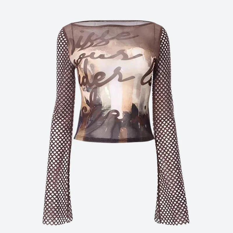 Brownm Fishnet Sleeve Mesh Top