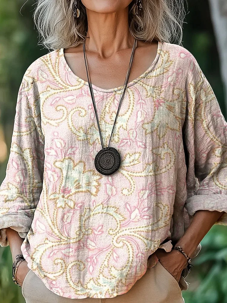 Women's Vintage Floral Art Print Casual Cotton And Linen Shirt