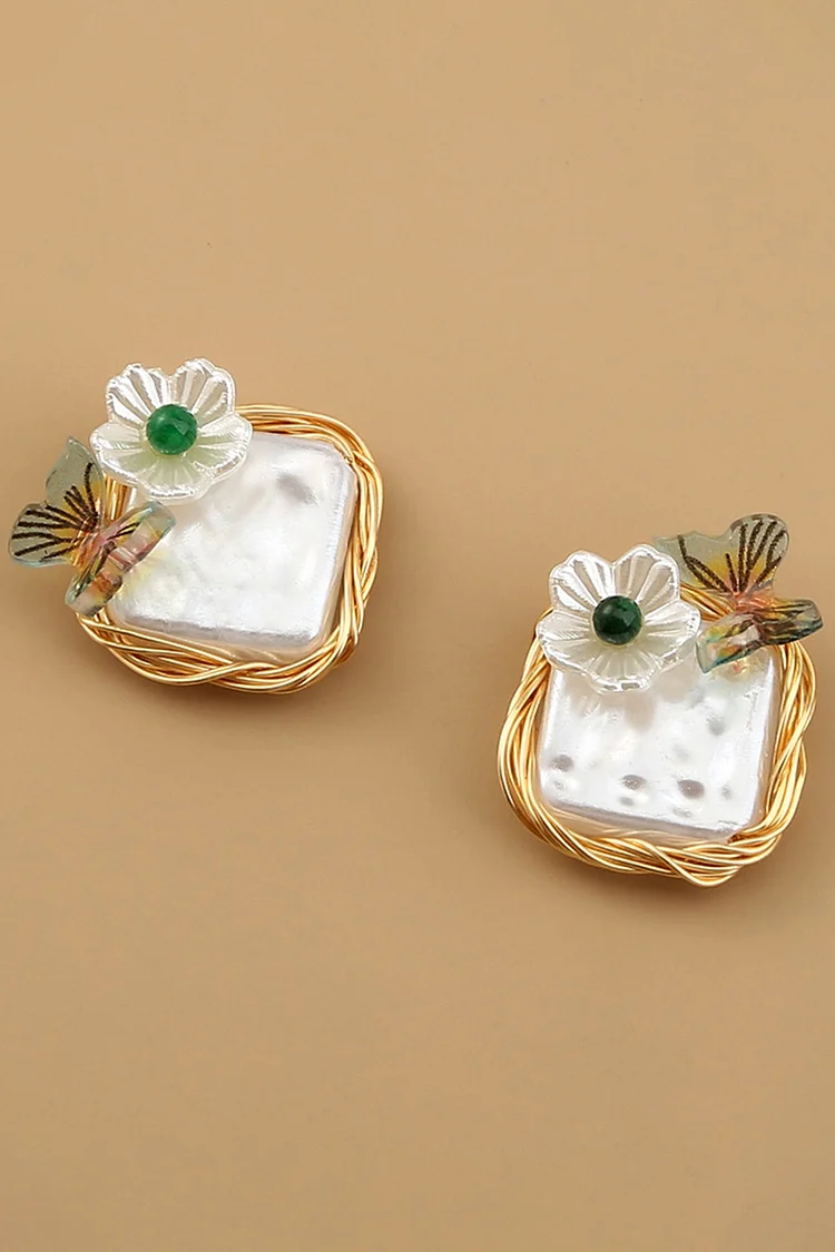 Elegant Gold Stereo Floral Butterfly Square Pearl Earrings