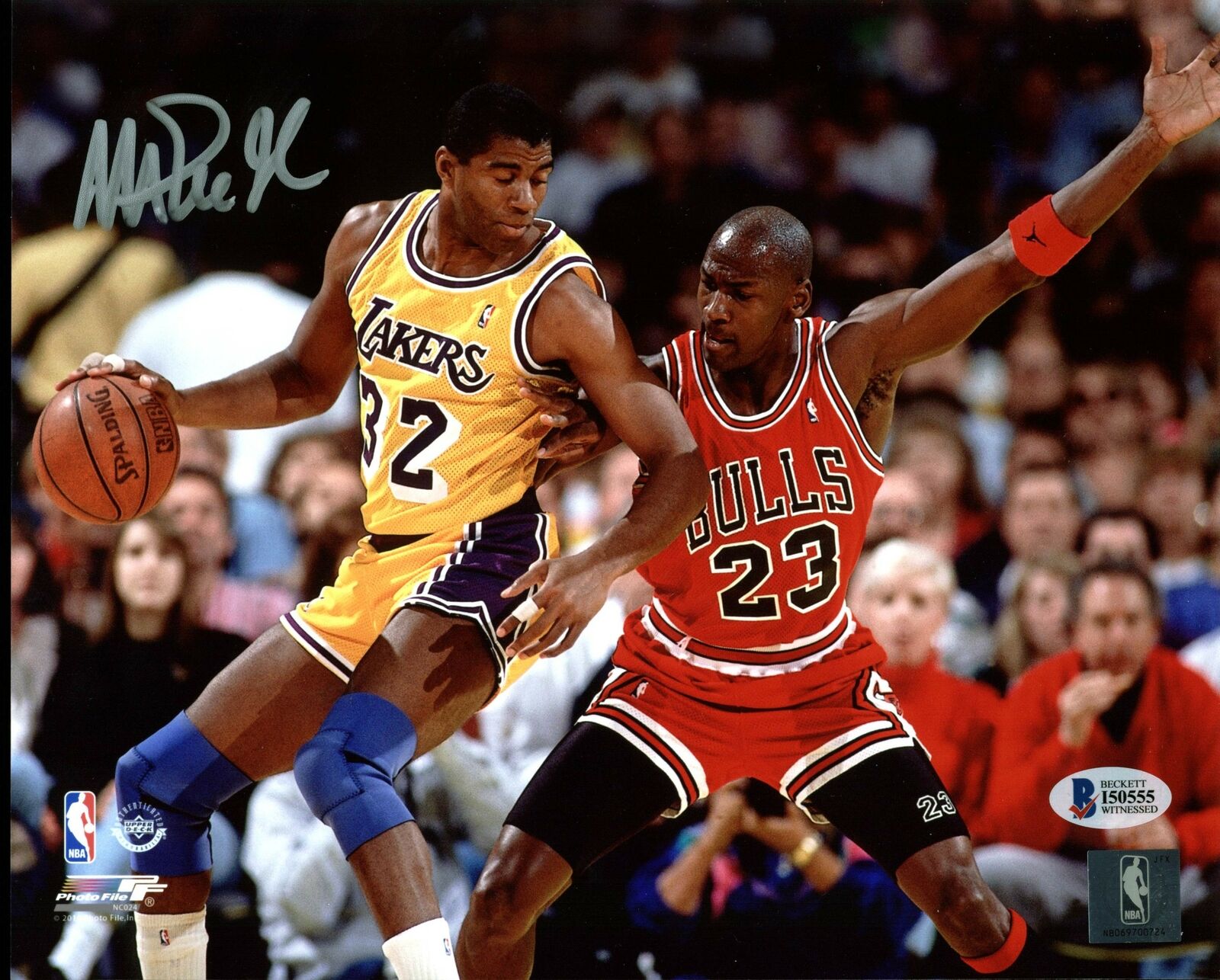 Lakers Magic Johnson Signed 8X10 Photo Poster painting w/ Michael Jordan BAS Witnessed 3