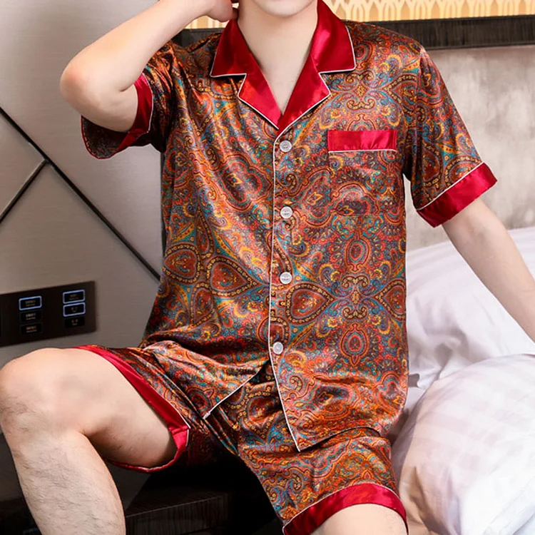 Men's Ethnic Patchwork Geo Allover Pattern Sleepwear Shirt & Pants 2 Pcs Set