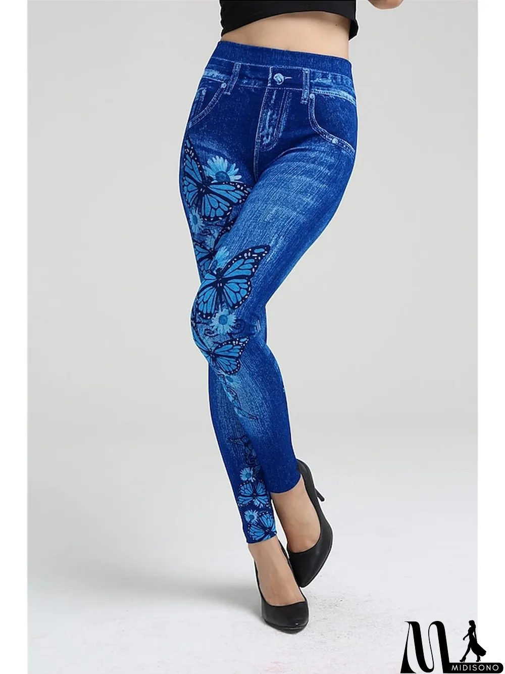 MidiSono - Women's Jeans Skinny Bell Bottom Ankle-Length Faux Denim Print High Elasticity High Waist Tights Casual \/ Sporty Casual Weekend Blue S M