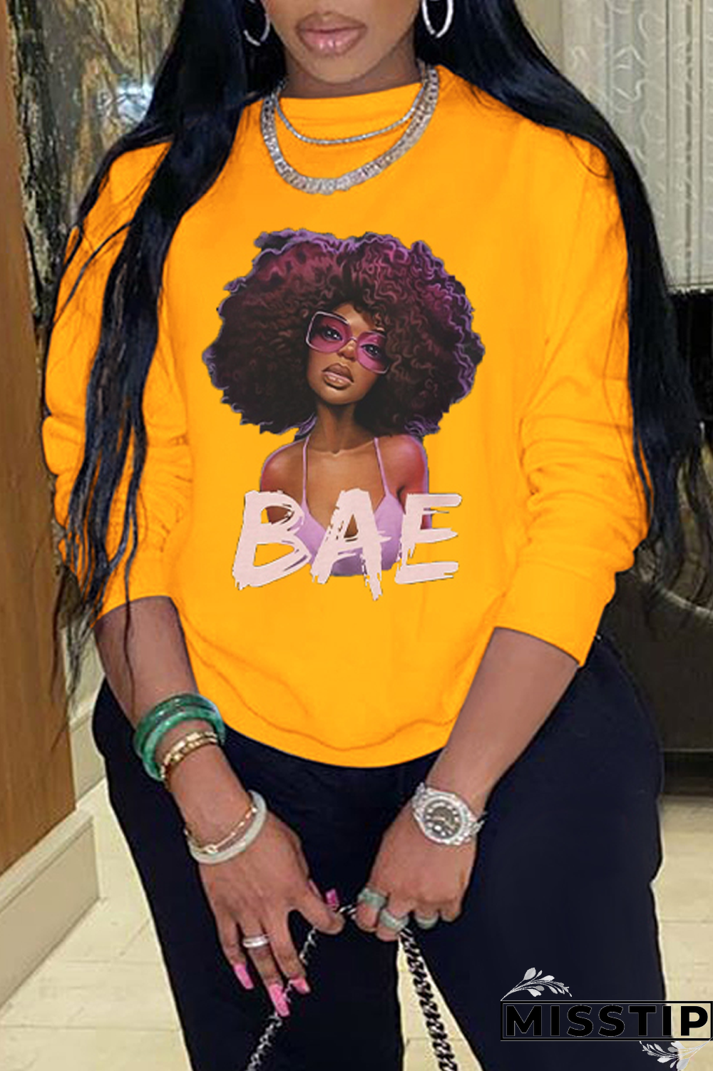 Black Vintage Print Letter O Neck Tops