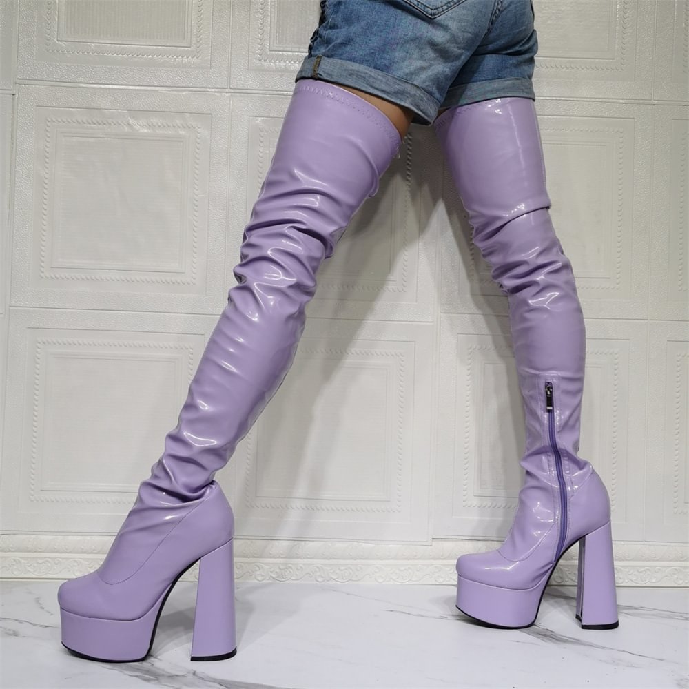 Women's Purple Round toe Platform Chunky Sexy Over The Knee High Thigh Boots Novameme