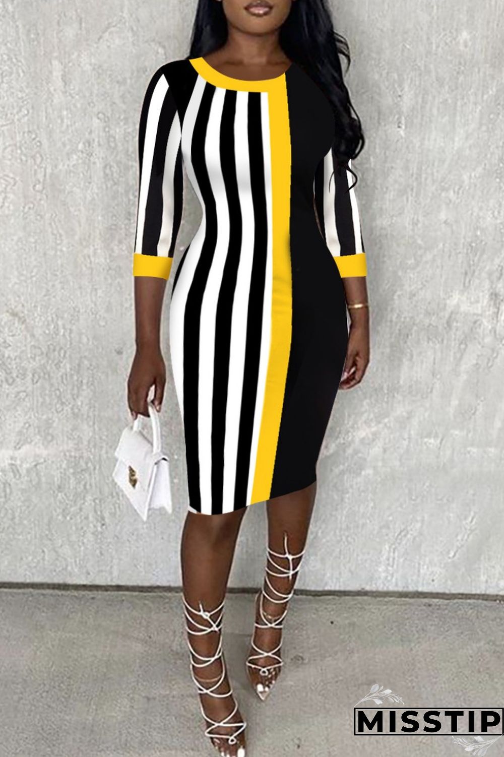 Black Casual Striped Print Patchwork O Neck Dresses