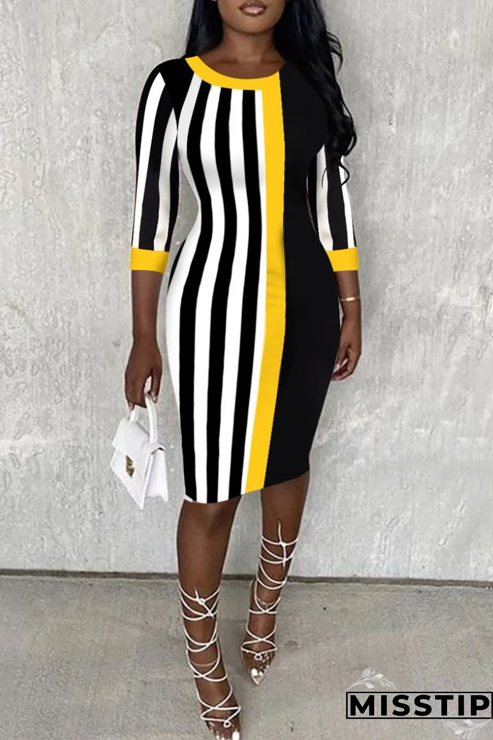 Black Casual Striped Print Patchwork O Neck Dresses