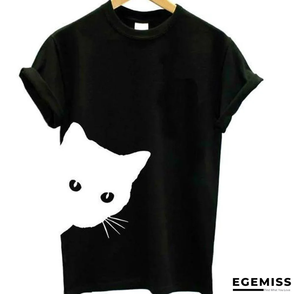 Cat Looking Print Women T-Shirt Cotton Casual Top Tee | EGEMISS