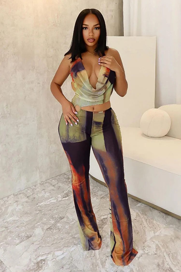 Multicolor Print Cowl Neckline Cutout Flared Leg Halter Jumpsuit-Red