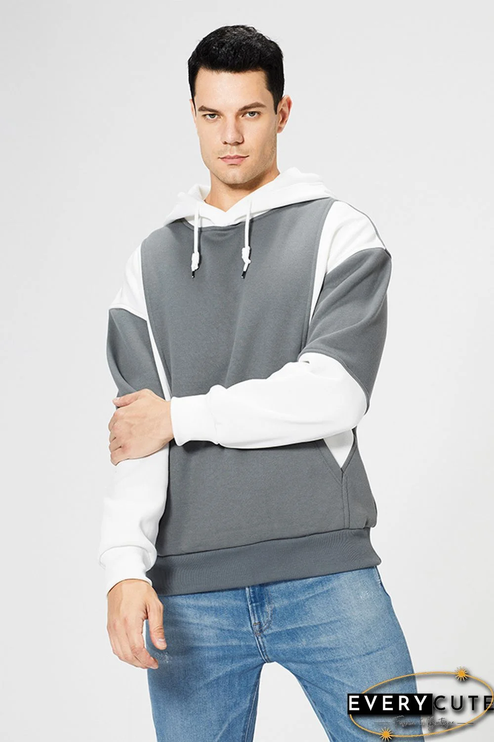 White Men Colorblock Pullover Long Sleeve Hoodie