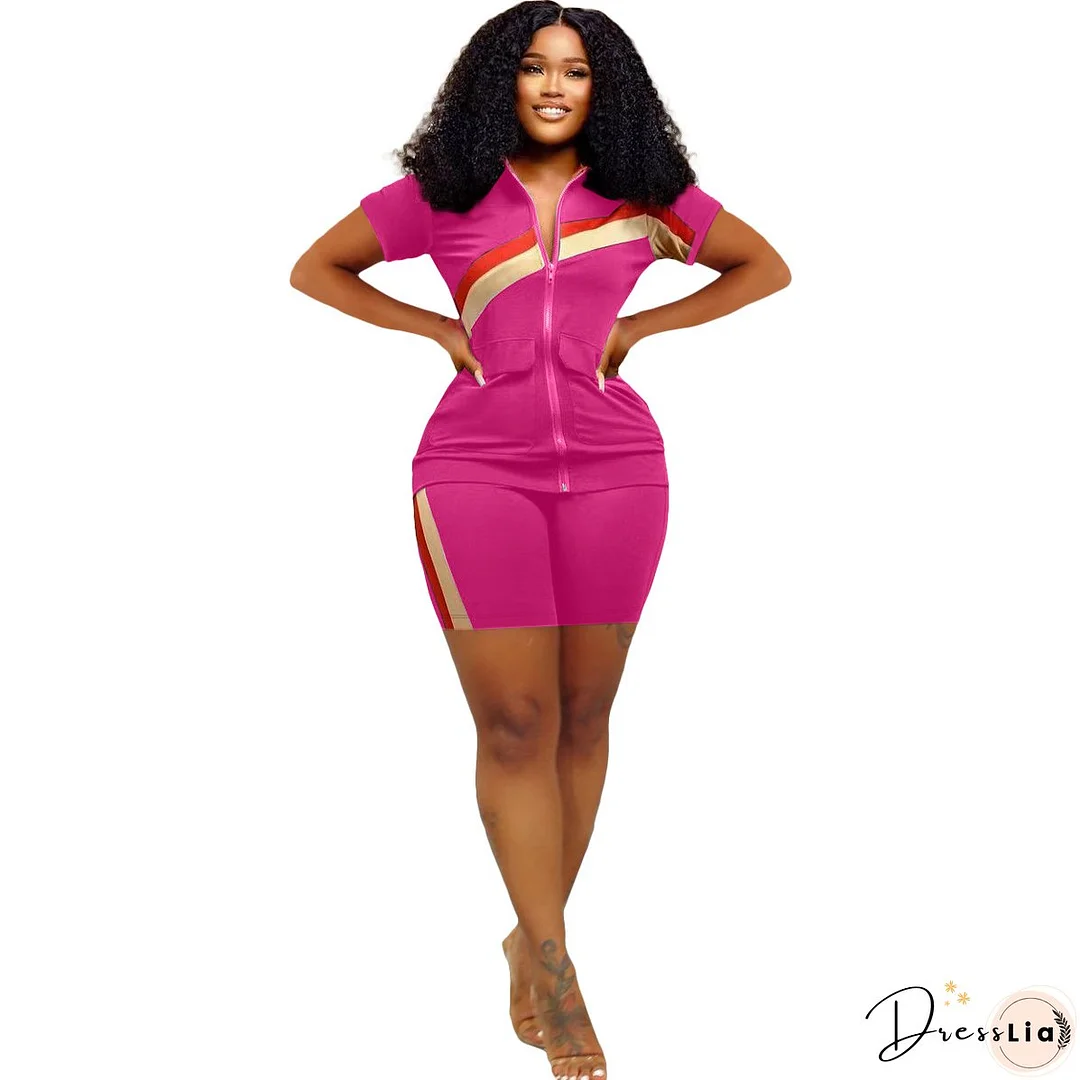 Women's Sports Casual Fashion Zip Pocket Top Shorts Two-Piece Set