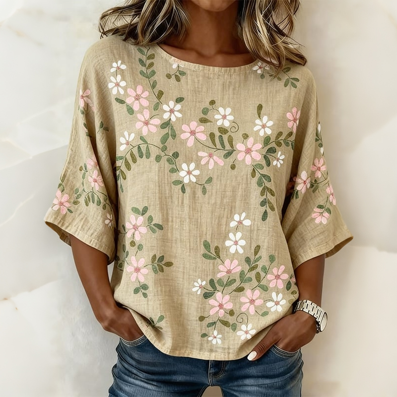 Women's Casual Round-neck Floral Printed Cotton-linen Top elevenforest