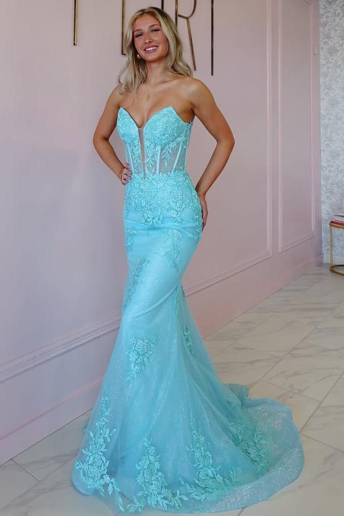 Lvs&Broner Tulle Strapless Sleeveless Long Mermaid Prom Dress With Appliques