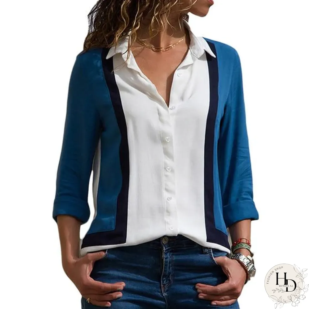 Women Color Block Striped Shirt Elegant Casual Long Sleeve Blouse