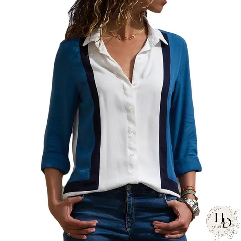 Women Color Block Striped Shirt Elegant Casual Long Sleeve Blouse