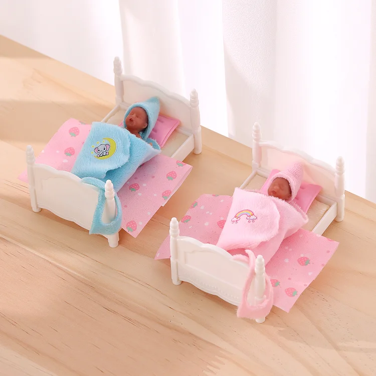 Babeside Aurora & Twinnie Twins 3" Mini Full Silicone Sleeping Reborn Baby with Bed Playset Accessories