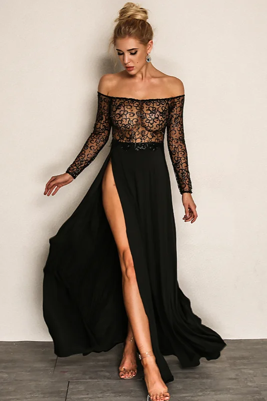 Chic Black Long Sleeve Prom Dress Sequins Evening Gowns With Split - lulusllly