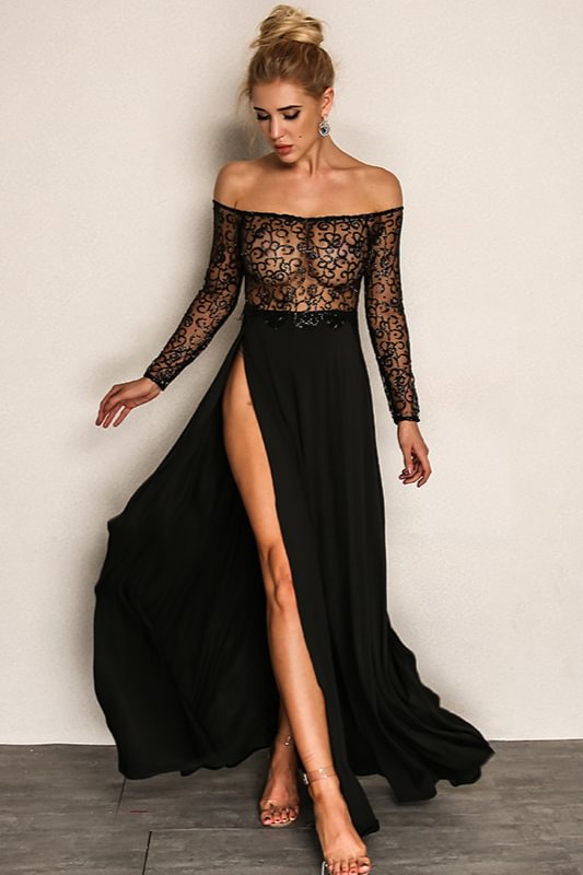 Luluslly Black Long Sleeve Prom Dress Sequins Evening Gowns With Split
