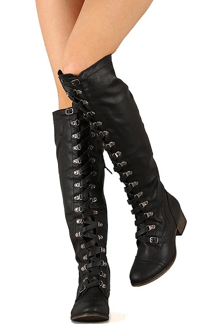 Vintage Black Knee High Chunky Heel Lace up Boots Vdcoo
