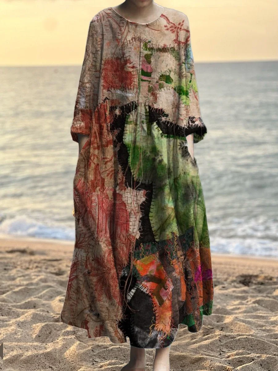 Women's Women's Vintage Irregular Patchwork Art Print Pocket Cotton Dress