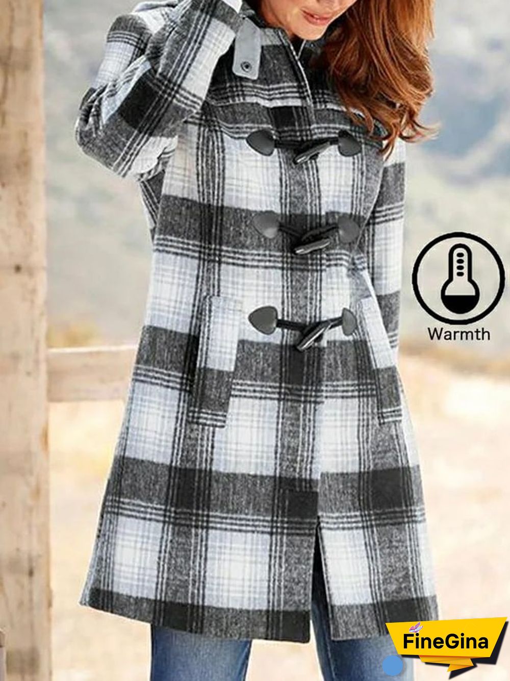 Women's Fashion Open Pocket Button Hooded Plaid Coat