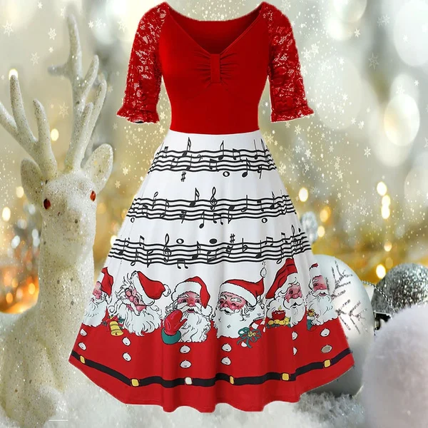 Christmas Party Dress Music Note Santa Print Lace Short Sleeve Dress Plus Size